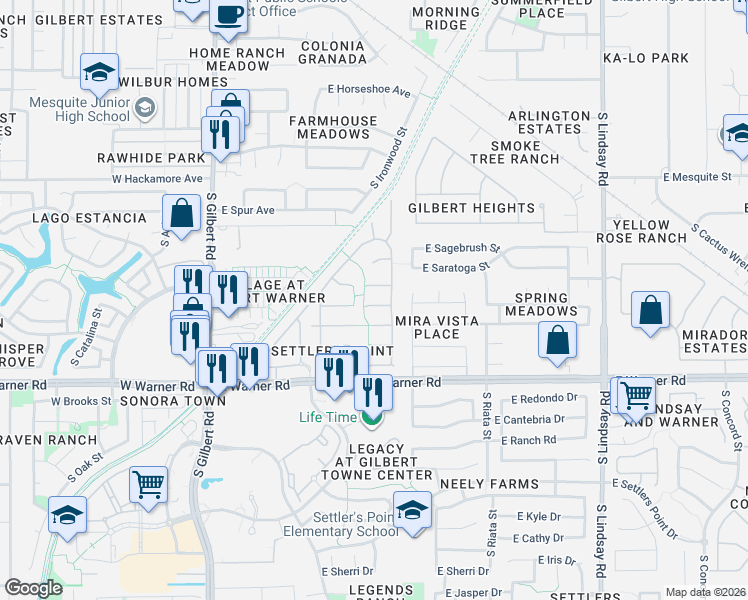 map of restaurants, bars, coffee shops, grocery stores, and more near 340 East Catclaw Court in Gilbert