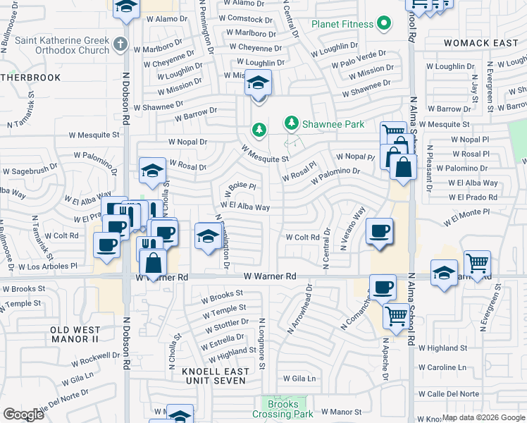 map of restaurants, bars, coffee shops, grocery stores, and more near 2206 North Longmore Street in Chandler