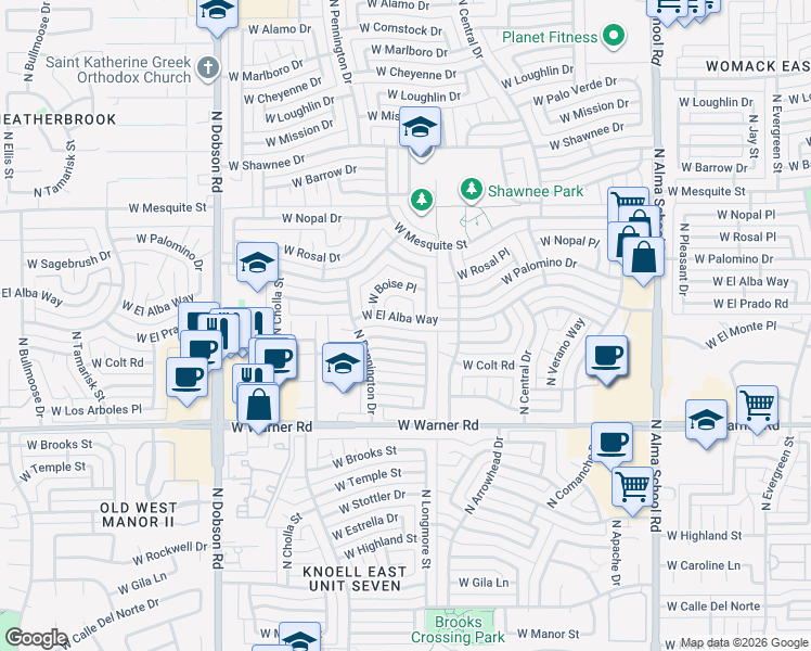 map of restaurants, bars, coffee shops, grocery stores, and more near 2206 North Longmore Street in Chandler
