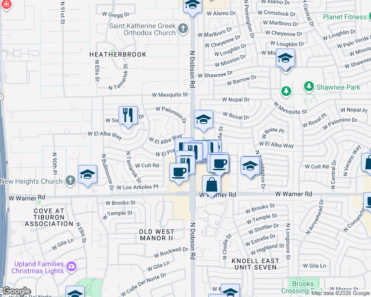 map of restaurants, bars, coffee shops, grocery stores, and more near 2007 West El Alba Way in Chandler