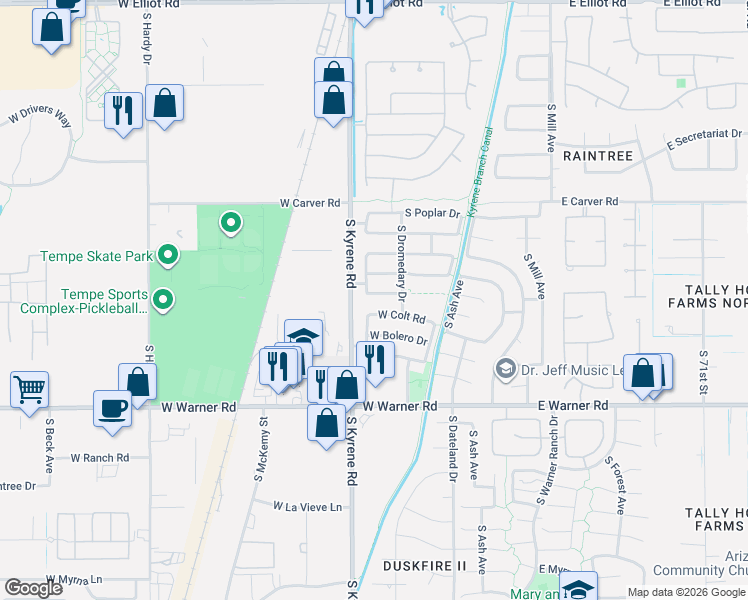 map of restaurants, bars, coffee shops, grocery stores, and more near 440 West Palomino Drive in Tempe