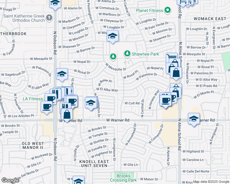 map of restaurants, bars, coffee shops, grocery stores, and more near 2206 North Longmore Street in Chandler