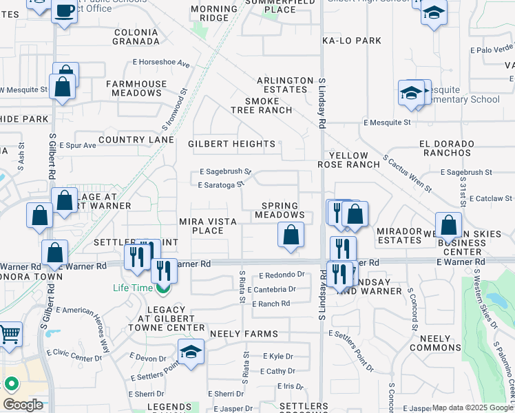 map of restaurants, bars, coffee shops, grocery stores, and more near 608 South La Arboleta Circle in Gilbert
