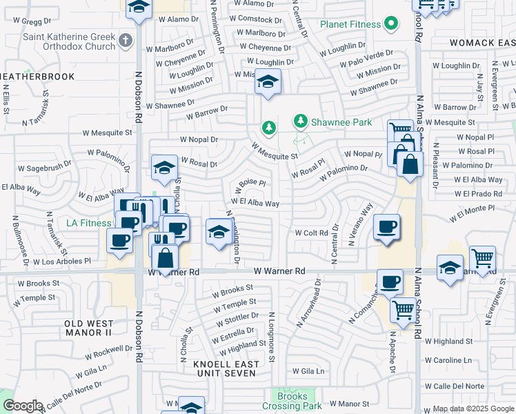 map of restaurants, bars, coffee shops, grocery stores, and more near 2206 North Longmore Street in Chandler