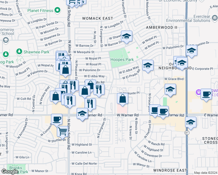 map of restaurants, bars, coffee shops, grocery stores, and more near 709 West El Prado Road in Chandler
