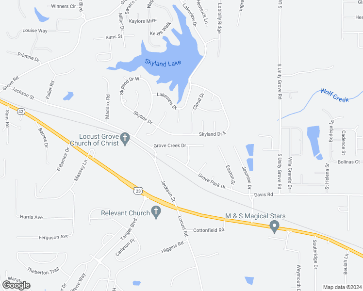 map of restaurants, bars, coffee shops, grocery stores, and more near 100 Grove Creek Drive in Locust Grove