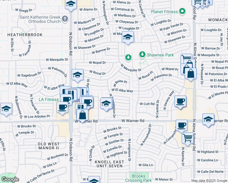 map of restaurants, bars, coffee shops, grocery stores, and more near 1623 West Boise Place in Chandler