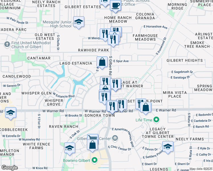 map of restaurants, bars, coffee shops, grocery stores, and more near 630 South Gilbert Road in Gilbert