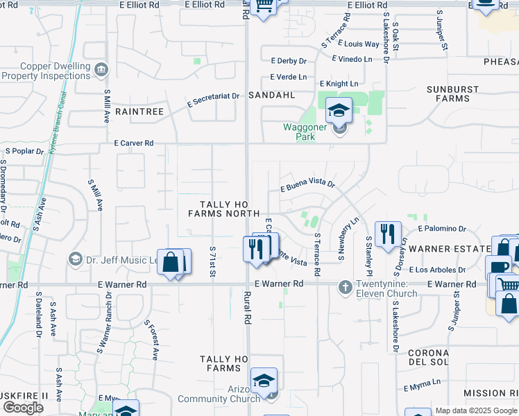 map of restaurants, bars, coffee shops, grocery stores, and more near 8417 South Jentilly Lane in Tempe