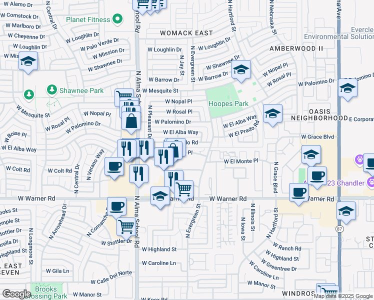 map of restaurants, bars, coffee shops, grocery stores, and more near 737 West El Prado Road in Chandler