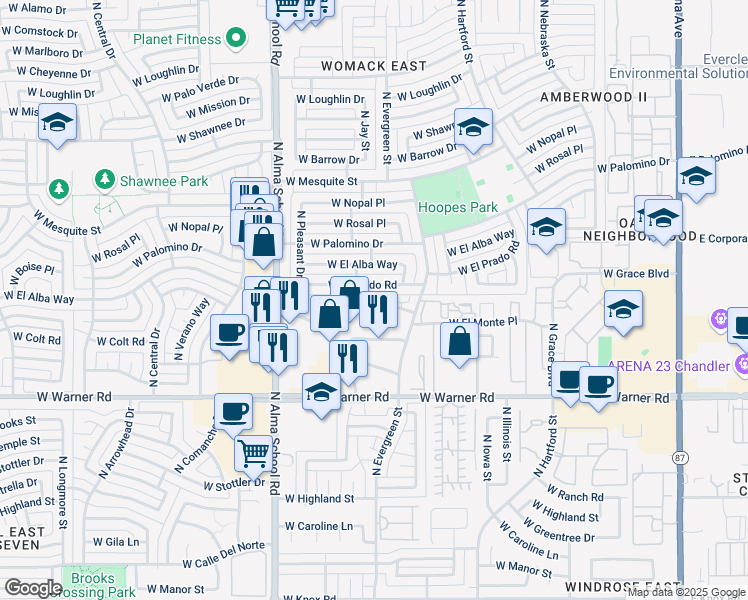 map of restaurants, bars, coffee shops, grocery stores, and more near 737 West El Prado Road in Chandler