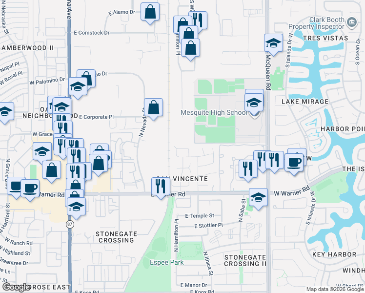 map of restaurants, bars, coffee shops, grocery stores, and more near 606 East El Prado Road in Chandler