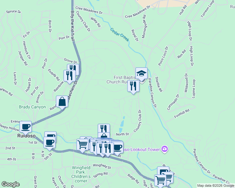 map of restaurants, bars, coffee shops, grocery stores, and more near 406 Barcus Road in Ruidoso