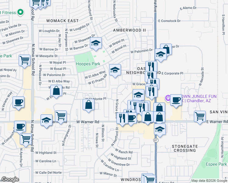 map of restaurants, bars, coffee shops, grocery stores, and more near 411 West Sundance Way in Chandler