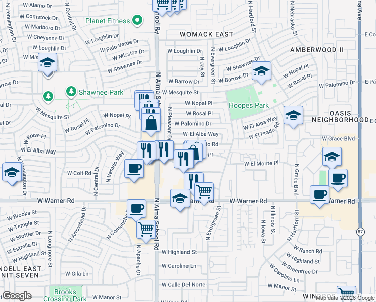 map of restaurants, bars, coffee shops, grocery stores, and more near 811 West El Prado Road in Chandler