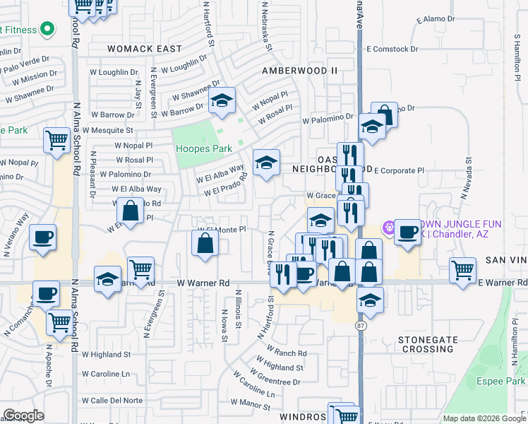 map of restaurants, bars, coffee shops, grocery stores, and more near 411 West Sundance Way in Chandler