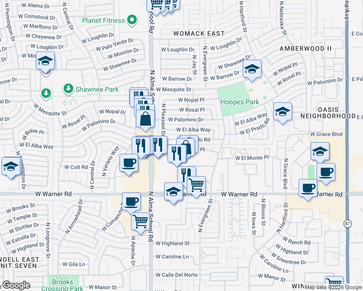 map of restaurants, bars, coffee shops, grocery stores, and more near 811 West El Prado Road in Chandler