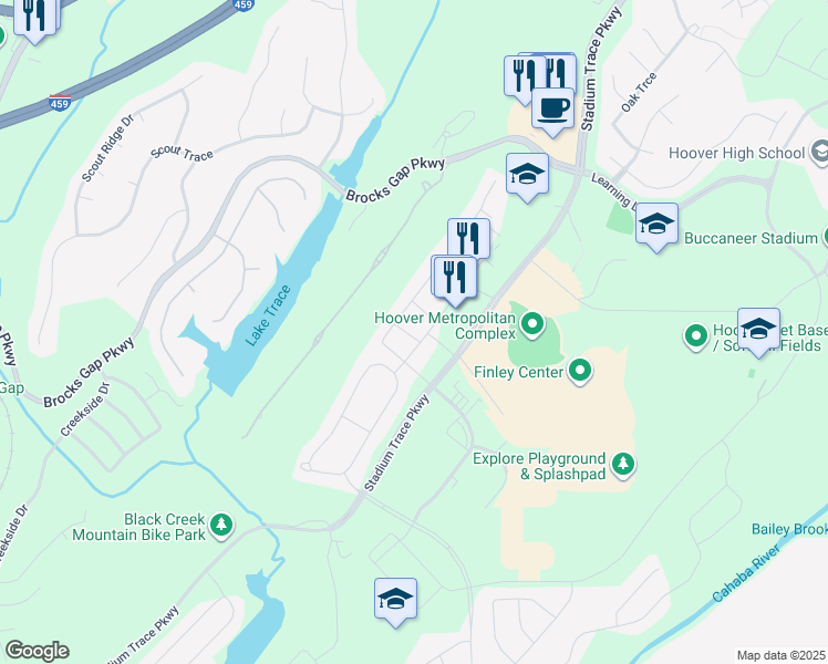 map of restaurants, bars, coffee shops, grocery stores, and more near 5603 Brayden Circle in Hoover