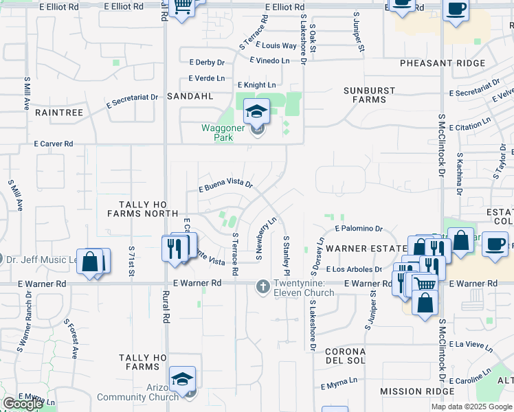 map of restaurants, bars, coffee shops, grocery stores, and more near 8415 South Terrace Road in Tempe