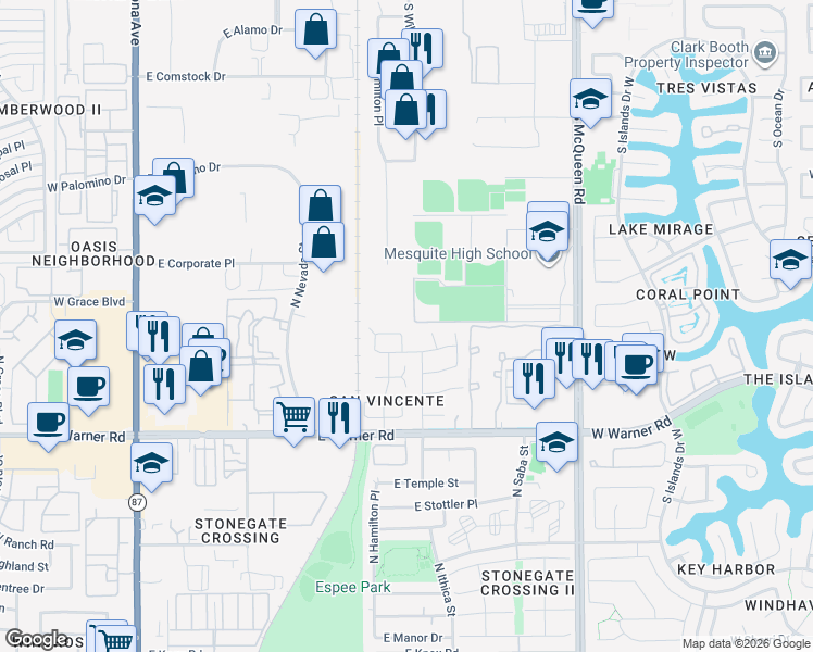 map of restaurants, bars, coffee shops, grocery stores, and more near 2245 North Mosley Drive in Chandler