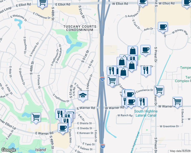 map of restaurants, bars, coffee shops, grocery stores, and more near 5204 East Coronado Circle in Phoenix