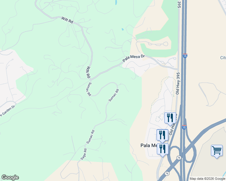 map of restaurants, bars, coffee shops, grocery stores, and more near 2941 Sumac Road in Fallbrook