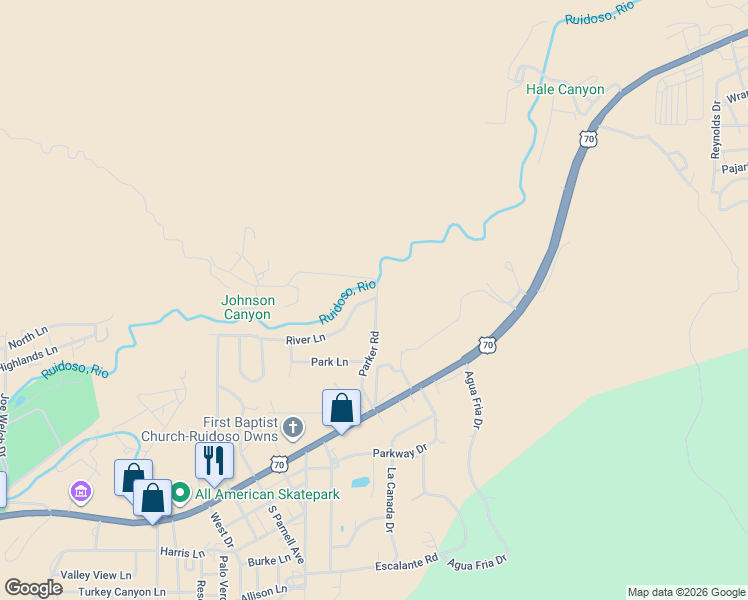 map of restaurants, bars, coffee shops, grocery stores, and more near 536 River Ln in Ruidoso Downs