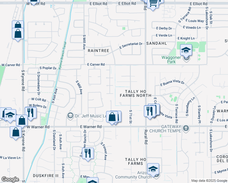 map of restaurants, bars, coffee shops, grocery stores, and more near 8363 South Homestead Lane in Tempe