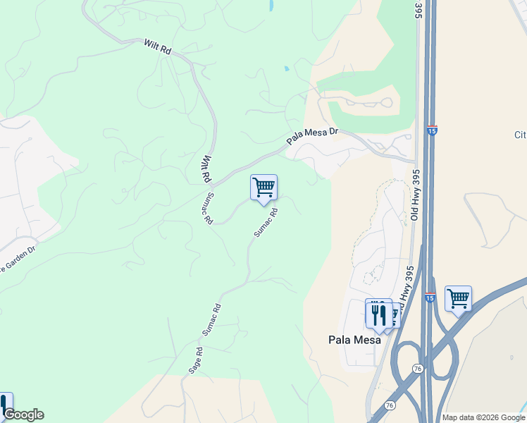 map of restaurants, bars, coffee shops, grocery stores, and more near 2941 Sumac Road in Fallbrook
