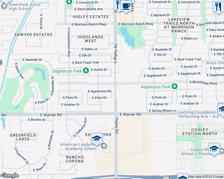 map of restaurants, bars, coffee shops, grocery stores, and more near 3540 East Appaloosa Road in Gilbert