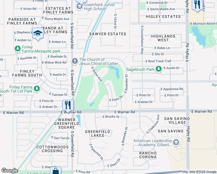 map of restaurants, bars, coffee shops, grocery stores, and more near 2636 East Appaloosa Street in Gilbert