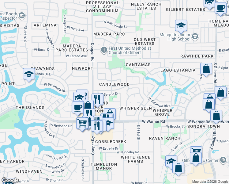 map of restaurants, bars, coffee shops, grocery stores, and more near 646 West Sereno Drive in Gilbert
