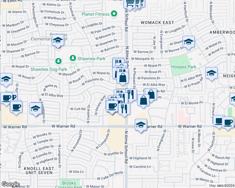 map of restaurants, bars, coffee shops, grocery stores, and more near 1101 West El Alba Way in Chandler
