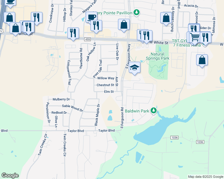 map of restaurants, bars, coffee shops, grocery stores, and more near 1606 Elm Street in Anna