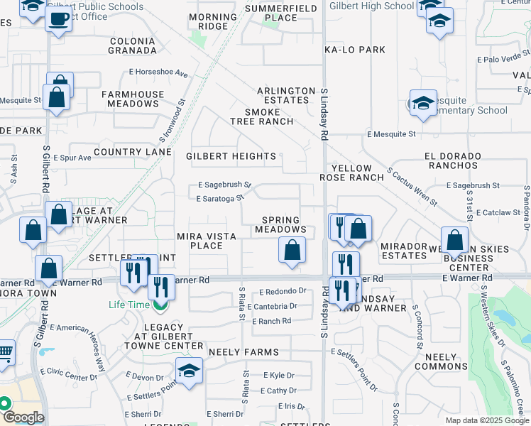 map of restaurants, bars, coffee shops, grocery stores, and more near 608 South La Arboleta Circle in Gilbert