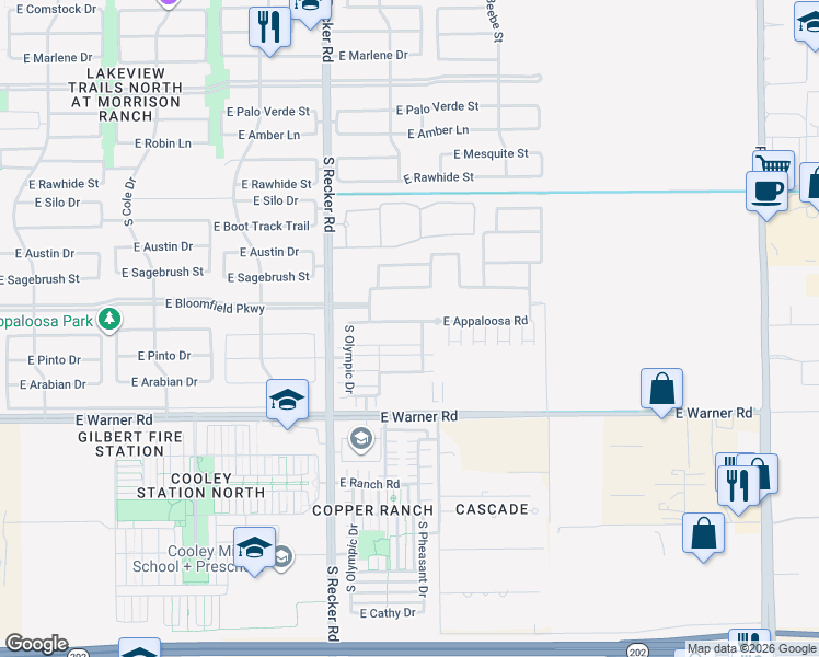 map of restaurants, bars, coffee shops, grocery stores, and more near 17909 East Warner Road in Gilbert