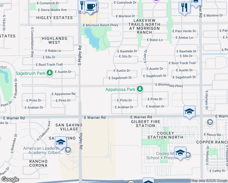 map of restaurants, bars, coffee shops, grocery stores, and more near 3412 East Appaloosa Road in Gilbert