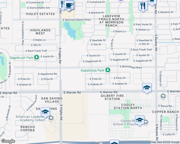 map of restaurants, bars, coffee shops, grocery stores, and more near 3472 East Appaloosa Road in Gilbert