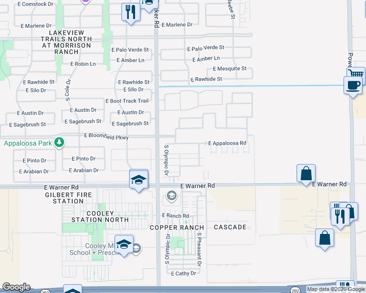 map of restaurants, bars, coffee shops, grocery stores, and more near 11601-12369 South Recker Road in Gilbert