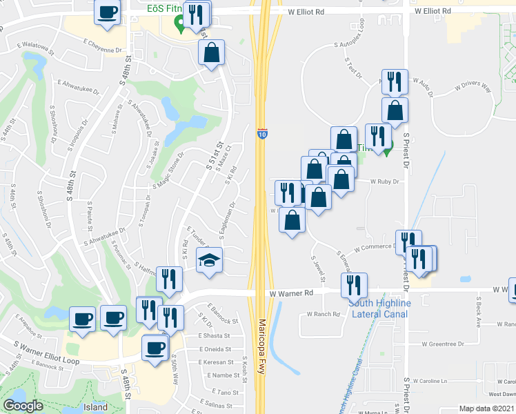 map of restaurants, bars, coffee shops, grocery stores, and more near Maricopa Freeway in Phoenix