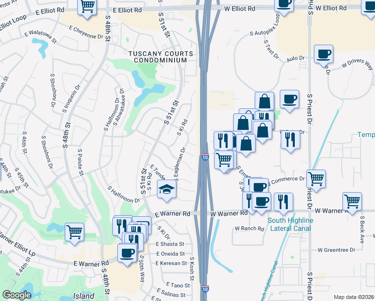map of restaurants, bars, coffee shops, grocery stores, and more near 5204 East Coronado Circle in Phoenix