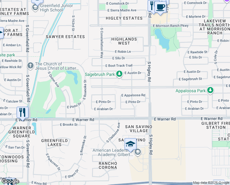 map of restaurants, bars, coffee shops, grocery stores, and more near 2968 East Appaloosa Road in Gilbert
