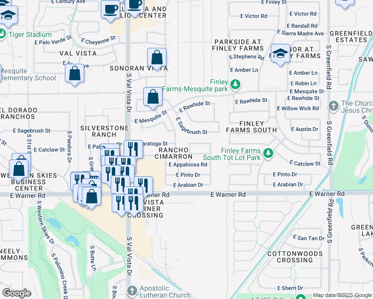 map of restaurants, bars, coffee shops, grocery stores, and more near 1855 East Saratoga Street in Gilbert