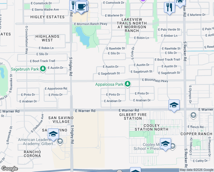 map of restaurants, bars, coffee shops, grocery stores, and more near 3472 East Appaloosa Road in Gilbert