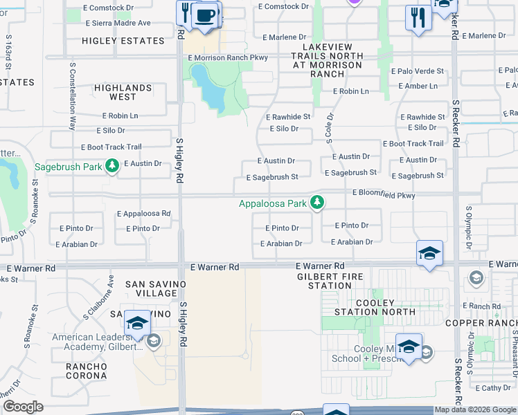 map of restaurants, bars, coffee shops, grocery stores, and more near 3412 East Appaloosa Road in Gilbert