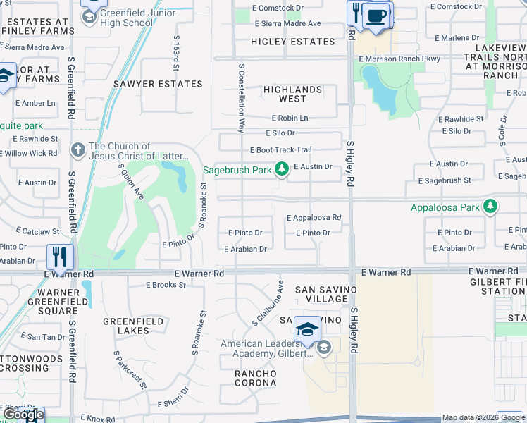 map of restaurants, bars, coffee shops, grocery stores, and more near 2968 East Appaloosa Road in Gilbert