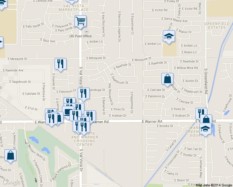 map of restaurants, bars, coffee shops, grocery stores, and more near 1855 East Saratoga Street in Gilbert