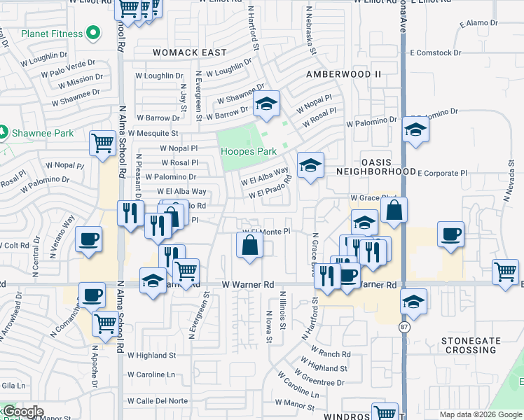 map of restaurants, bars, coffee shops, grocery stores, and more near 527 West Sundance Way in Chandler