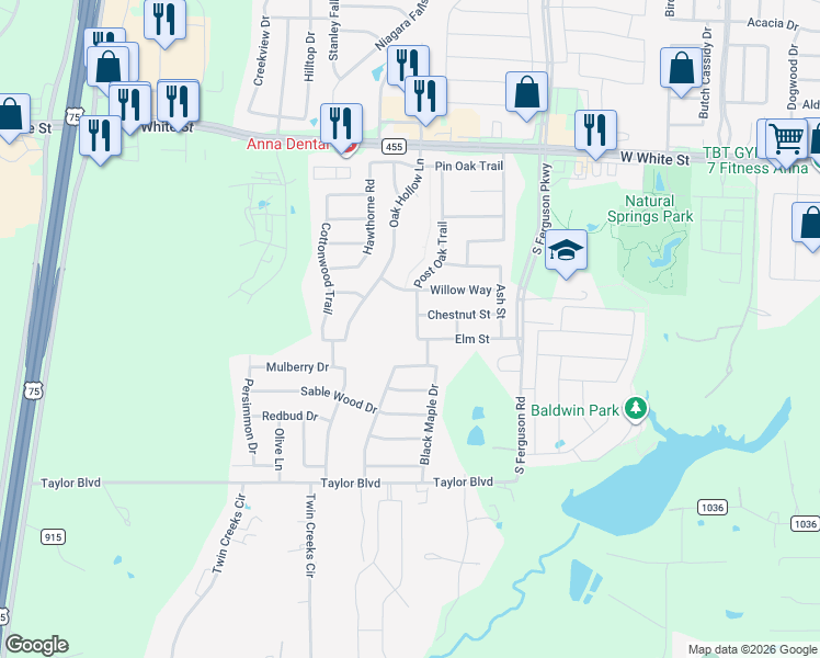 map of restaurants, bars, coffee shops, grocery stores, and more near 1414 Post Oak Trail in Anna