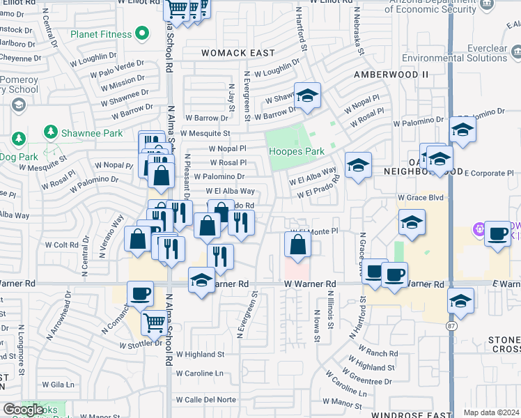 map of restaurants, bars, coffee shops, grocery stores, and more near 709 West El Prado Road in Chandler